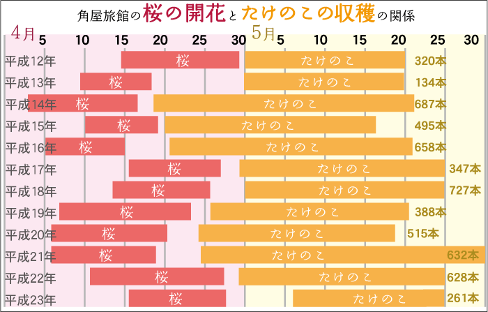 角屋旅館の桜の開花とたけのこの収穫の関係